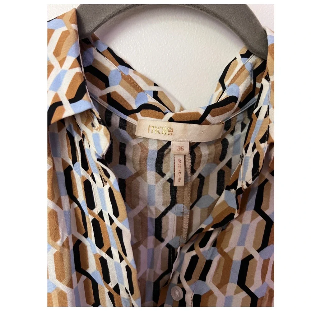 Maje Ricole Geometric Print Mini Dress‎ Size 36 Long Sleeve Retro Small